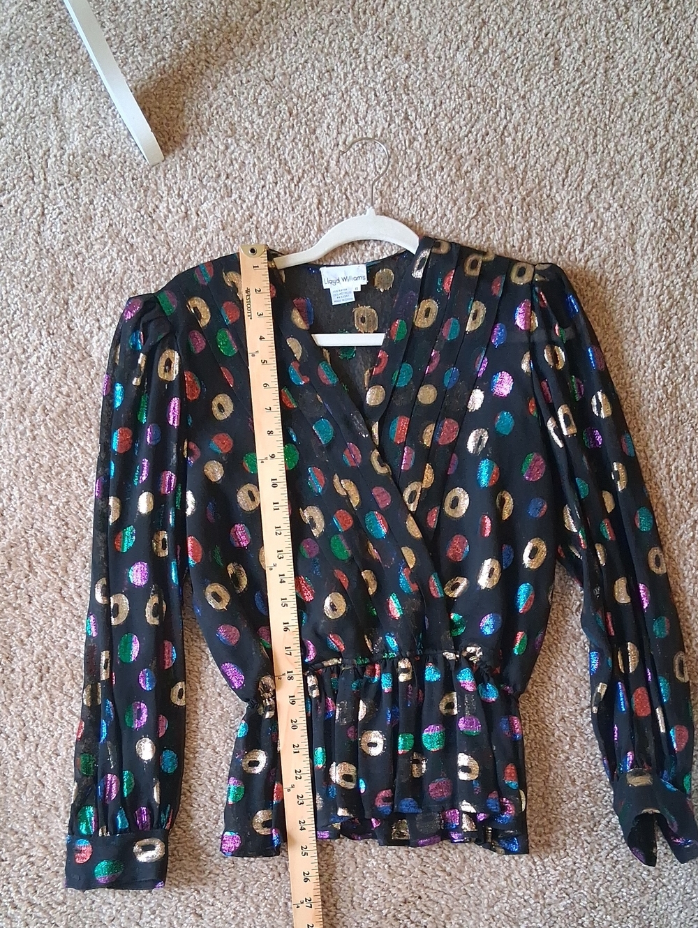 Vintage Lloyd Williams 1980s Metallic Bling Multi-Color Wrap-Style Peplum Blouse - Picture 5 of 9